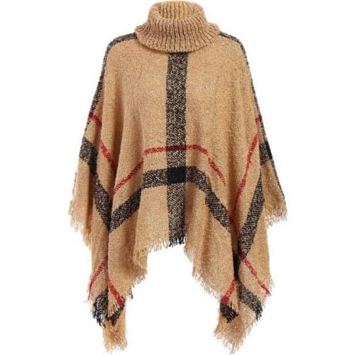 New High-necked Plaid Warm Womens Shawl Cloak Large Size Loose Cape Tassel Poncho for Autumn and Winter