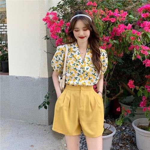 Fresh Floral Puff Sleeve Younger Fashion Top Shirt Womens Short Wide-Leg Pants-Child Versatile Two-Piece Set Clothes [Delivered