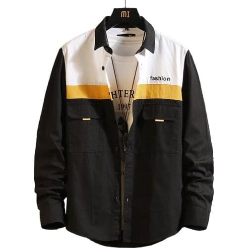 Man Long Sleeve Constrast Color Shirt Men Casual Shirt Spring Autumn Turn Down Collar Cotton Black White Streetwear Shirts