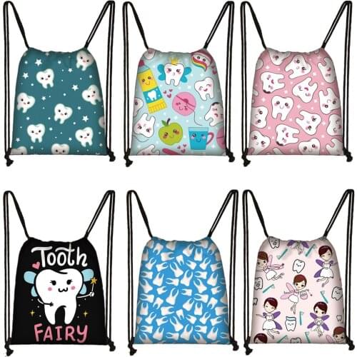 Teeth and Tooth Fairy Print Backpack Women Drawstring Bag Dental Hygienist Girls Storage Bags for Travel Bookbag Shoes Holder