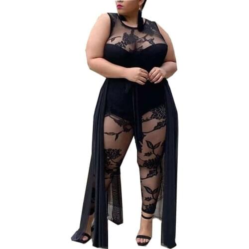 Sexy Black Lace Women Jumpsuits Plus Size Sleeveless Crew Neck See Through Mesh Skinny Party Rompers Newest 2021 Fashion