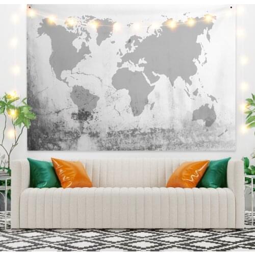 Silver Gray World Map Grey Tapestry Vintage Exotic Summer Plant Nature Frame for Bedroom Photography Wall Decor