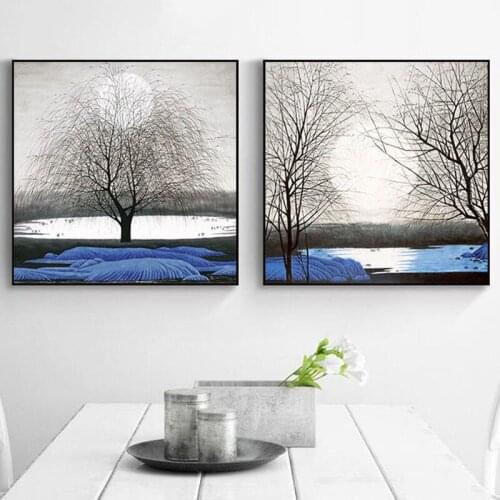 Modern Blue Mountain and Tree Nordic Landscape Scenery Canvas Paintings Poster Print Pop Decorative Wall Art Pictures Living Roo