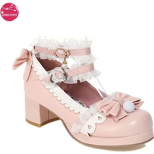 Women Lolita Shoes Vintage Cute Lace Bowknot High Heel Platform Sweet Ladies Pumps Girls Princess Kawaii Wedding Party Cosplay