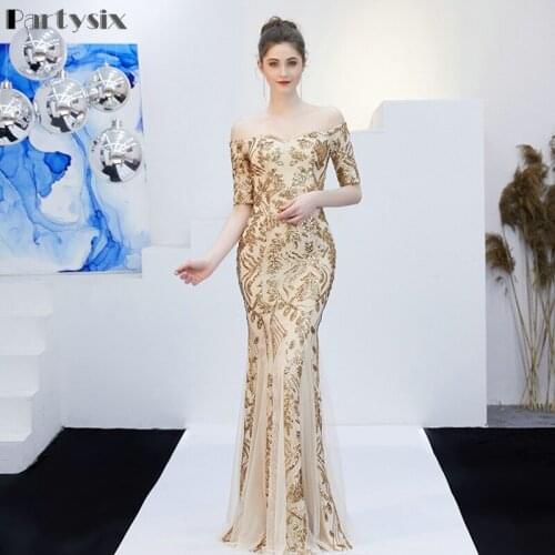 Partysix Sequins Evening Dresses Boat Neck Short Sleeves Trumpet Simple Tulle Floor-length Women Sex Formal Party Dress