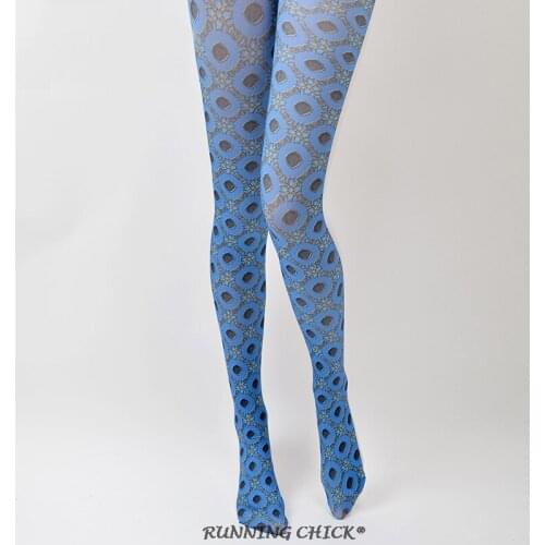 RUNNING CHICK Creative Pattern Blue Stockings Spring Vintage Jacquard Pantyhose