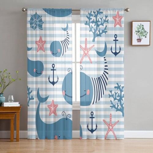 Stripes Whale Anchor Cute Tulle Curtains for Living Room Bedroom Modern Kitchen Sheer Curtains for Voile Curtain