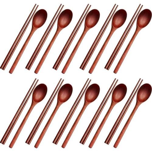 HOT-20Pcs Long Handle Wooden Spoon and Chopsticks Set Flatware Reusable Tableware Combination Utensils for Eating Food
