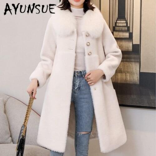 Real Fur Coat Women 100% Wool Jacket Women Clothes 2020 Fox Fur Collar Sheep Shearing Winter Coat Women 19065 YY2200