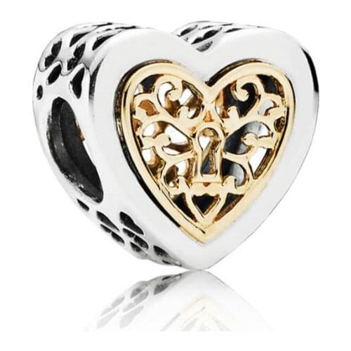 Genuine 925 Sterling Silver Bead Charm Openwork Silver Gold Locked Hearts Bead Fit Women Pan Bracelet & Necklace Diy Jewelr