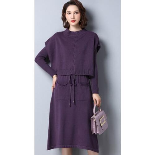 Women 2021 Autumn Winter New Knitted Two-piece Suits Female Half High Collar Sweater Vest Ladies Loose Thick Dress Sets Y504