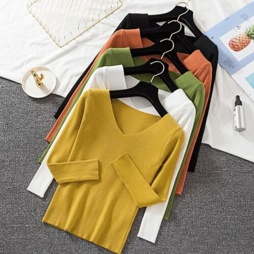 2021 Autumn New Knitted Pullover Sweater Women Long Sleeve V Neck Slim Knit Jumper Sweaters Casual Winter Clothes Women 16214