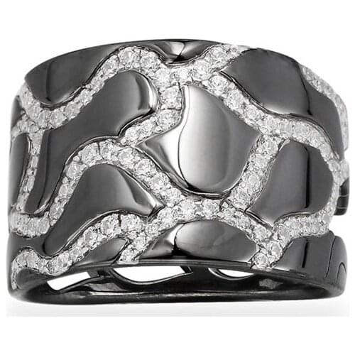 SLJELY Fashion Real 925 Sterling Silver Black Dark Grey Camouflage Wide finger Ring Micro Zirconia Women Luxury Brand Jewelry