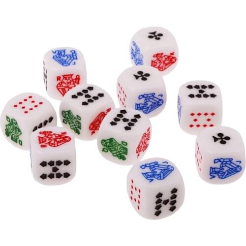 10pcs 6 Sided D6 Dice King Queen Jack 16mm Acrylic Poker Gaming Card Game Dices