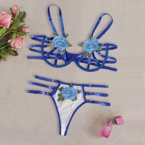 2pcs Erotic Lingerie Set Bra White Sexy Blue Rose Flowers Embroidery +Hollow Thong Underwear Pajamas for Women Bielizna Damska