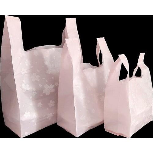 50Pcs 3 Sizes Pink Plastic Bag With Handle Cherry Print Shopping Bag Supermarket Packaging Bag for Food Thick Carry Out Bags