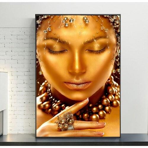 African Woman With Golden Jewelry Canvas Paintings on the Wall Art Posters and Prints Sexy Woman Art Pictures For Living Room