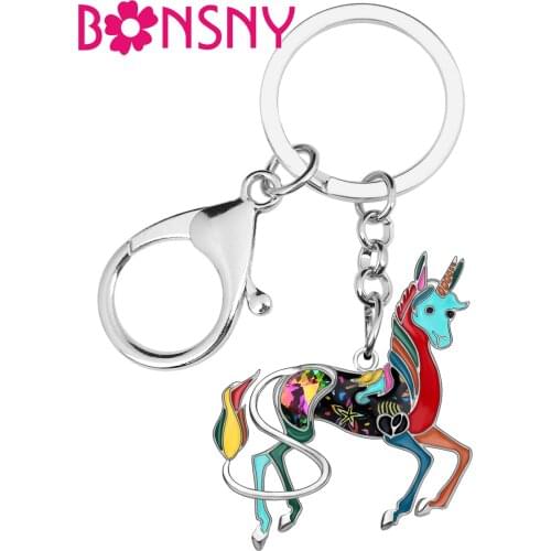 Bonsny Enamel Alloy Colorful Fairy Unicorn Key Chains Key Ring Fashion Charms Jewelry For Women Girls Handbag Pendant Decoration