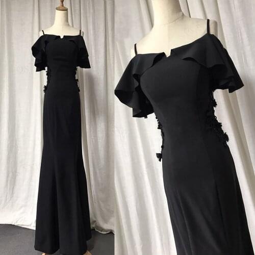 QSYYE Broken Size Fitted Black Evening Dress Mermaid Sexy Side Sleeves Long Party Dress Appliques Waist Beads Lady Formal Dress