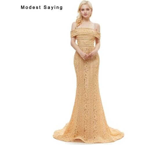 Elegant Gold Mermaid Boat Neck Pearls Lace Evening Dresses 2019 with Spaghetti Straps Formal Beaded Engagement Party Prom Gowns