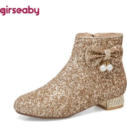 Girseaby Princess Ankle Boots Bowtie Pearl Crystal Sequined Cloth Round Toe Shiny Zip 2.5cm Short Heel US12 Gold Silver A4214