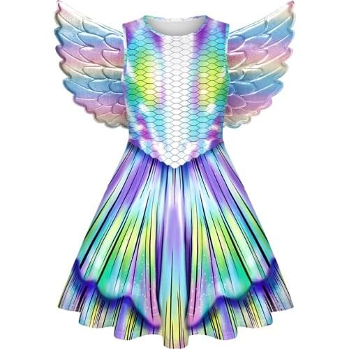 7-12 Years Girl Dress Carnival Polyester With Wings Costume Princess Kids Unicorn Outfit Clothes Children Summer Casual Clothing