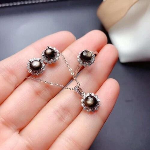 Natural Star Sapphire Ring Earrings Pendant Necklace Set S925 Sterling Accessaries Fine Fashion Charming Jewelry for Women