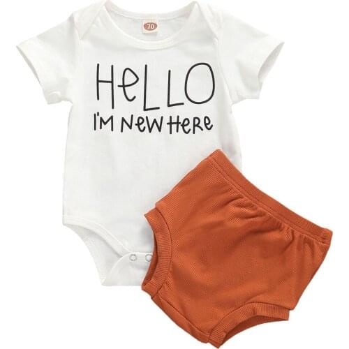 Newborn Baby Girls Outfits Letter Print New Here Cotton Romper Short Sleeve Jumpsuit High Waist Brown Shorts Hello Set 0-24M