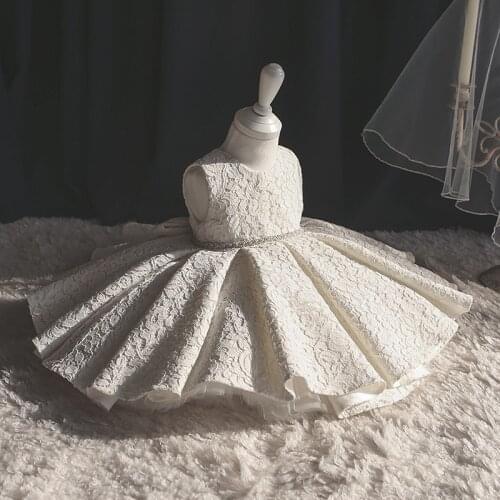 Beads Lace Baby Girl Dress Bow Tulle Baptism Dresses for Princess Infant 1st Year Birthday Party Wedding Baby Pageant Clothing