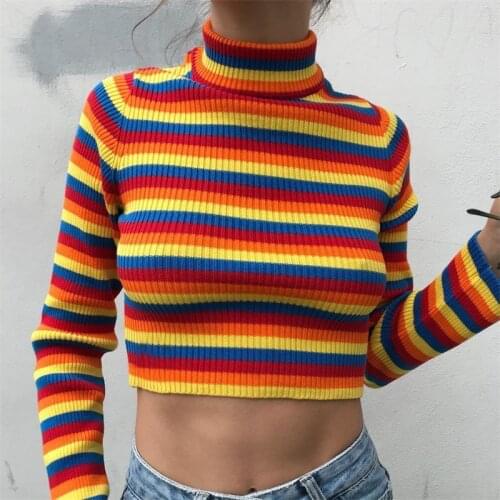 Richkeda Store Rainbow striped body shaping sweater fall/winter bottoming shirt long sleeve round neck new womens clothing