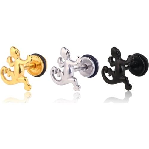 Small Cute Gecko Stud Earrings For Men Women Black/Steel/Gold Stainless Steel Earrings Party Jewelry DropShipping
