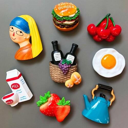 Cute cartoon magnets room decoration Hamburger egg milk fridge magnets decorating fruit magnetic food Cherry teapot strawberry