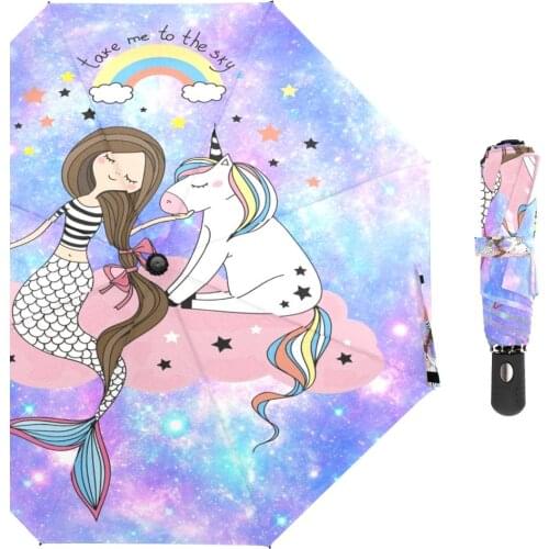 Cute Mermaid Colorful Rainbow Unicorn Automatic Umbrella Rain Women Windproof Compact Folding Umbrellas for Girl