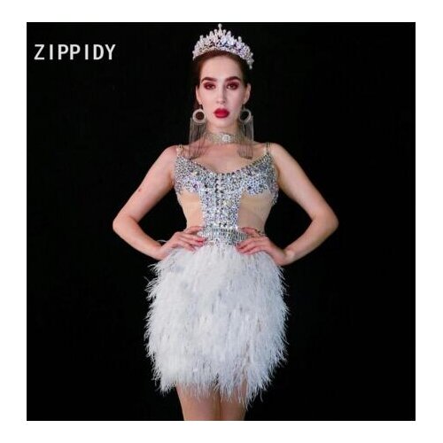 Fashion Silver Rhinestones Transparent White Feather Dress Dance Celebrate Dress Outfit Womens Bar Prom Party Dress