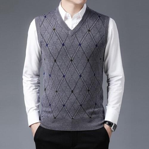 Man Thick Wool Sweater Casual Middle-Age Male V-Neck Knit Vest Pullovers Sleeveless Jumper Clothing