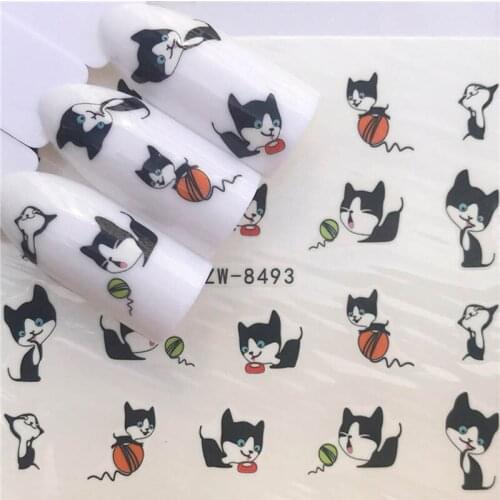 Water transfer nail sticker black cat printing ultra thin nail film full cover size Slider Nail Art Tips Decorations FW005