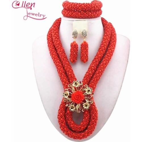 Latest New Statement Necklace African Beads Jewelry Sets Handmade Red Nigerian Wedding Bridal Beads Free Shipping W12831