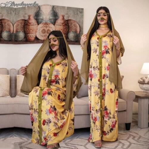 Ramadan Dress India Islamic Clothing Women Floral Print Abaya Kaftan Dubai Party Gown Arab Vestidos Moroccon African Maxi Dress