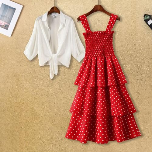 Summer Dress Women Sweet Polka Dots Sling Elastic Waist Midi Beach Dresses Chiffon Small Shawl Ladies Suits Plus Size Cake Dress