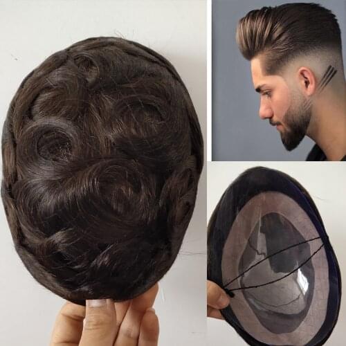 Straight Thin Skin Mens Toupee Mono+ Pu Toupee For Men Naural Brown Human Hair Hairpiece Replacement System Men Hair Full Lace