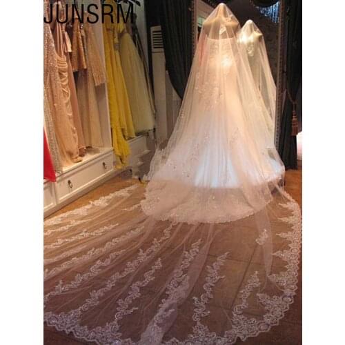 Real Photos Long White Ivory Cathedral Wedding Veils Lace Edge Bridal Veil Without Comb Wedding Accessories Bride Wedding Veil