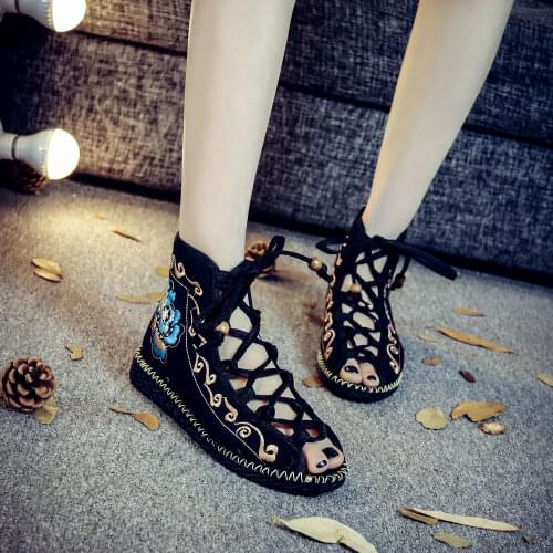 Comemore Open Toe Women Gladiator Canvas Sandals Shoes High Top Strappy Fashion Summer Comfort Ladies Flat Sandials Embroidery