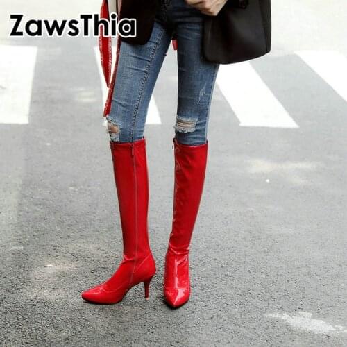ZawsThia patent PU leather red white black point toe thin high heels women boots mid-calf sexy club party woman boots size 47 48