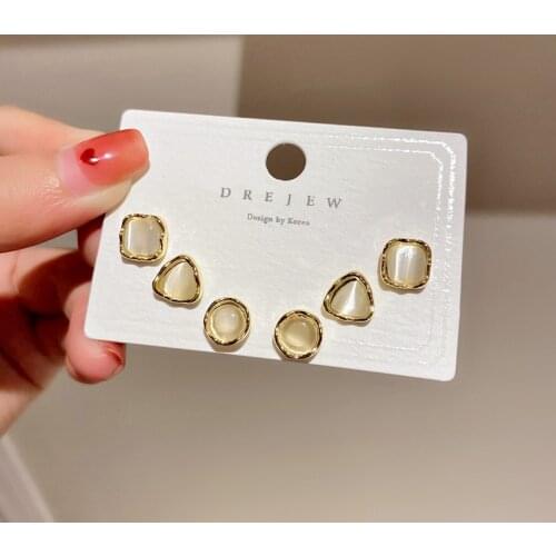 3 Pairs Geometric Square Triangle Opal Stone Stud Earrings For Women Fashion Jewelry Simple Earings Brincos