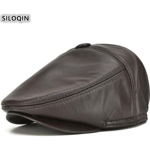 SILOQIN Snapback Cap Autumn Winter Mens Genuine Leather Caps Thick Warm Berets Sheepskin Leather Brands Hat Dads Leather Hats