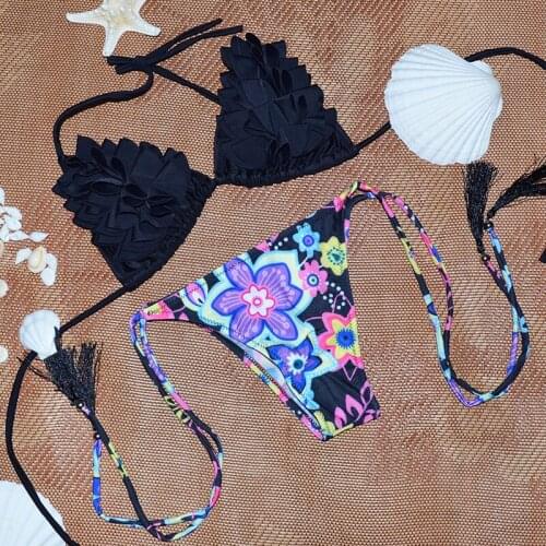 Sexy Bikinis Solid Bikini set Sale Bra Straps Swimsuit Female Swimwear Women Bras Bikini printing fashion Split smiling flower