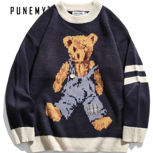 Sweater Men Vintage Teddy Bear Pattern Acrylic O-neck Hip Hop Streetwear Harajuku 2020 Autumn New Sweter Pullover Male Sweaters