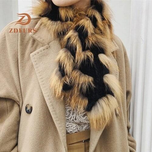 ZDFURS* women natural fur scarf 2018 winter girls rex rabbit fur and sliver red fox fur scarves rings