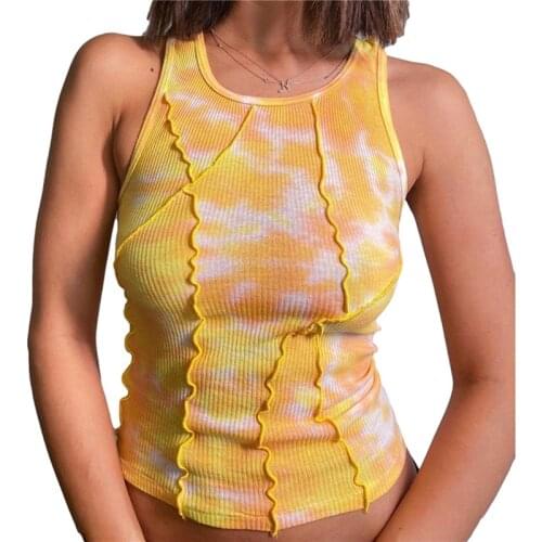 2021 Summer Korean Fashion Tie Dye Print Sleeveless Tee Shirt Women O-Neck Fitness Cropped Shirt Mesh Crop Top Streetwear