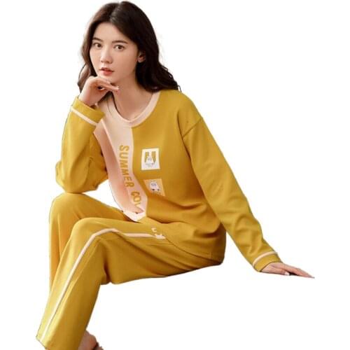 Women 100% Cotton Sleepwear Leisure Autumn And Winter Long Sleeved Pyjamas Fashion Printing Pijama Lovely Home Clothing